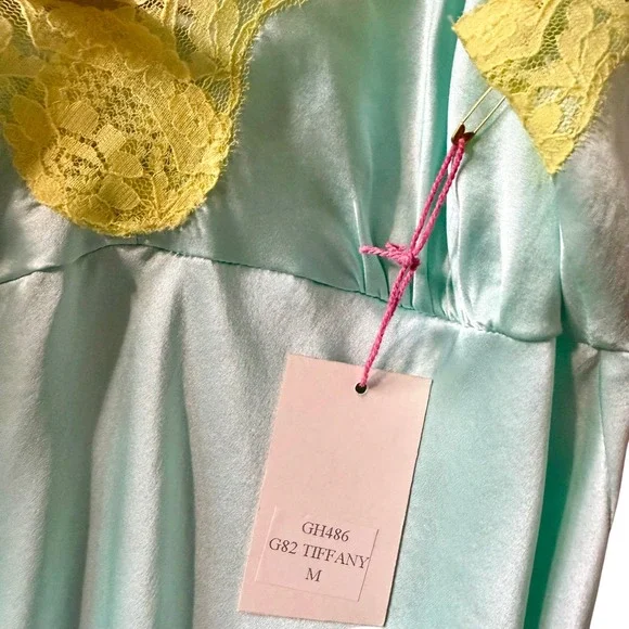 Gold Hawk 100% Silk Lace Trim Tiffany Blue Slip Dress Sz Med Embroidered Flowers - Picture 7 of 7